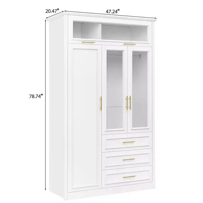 Armadio a 3 ante con luce LED e 3 cassetti – Bianco