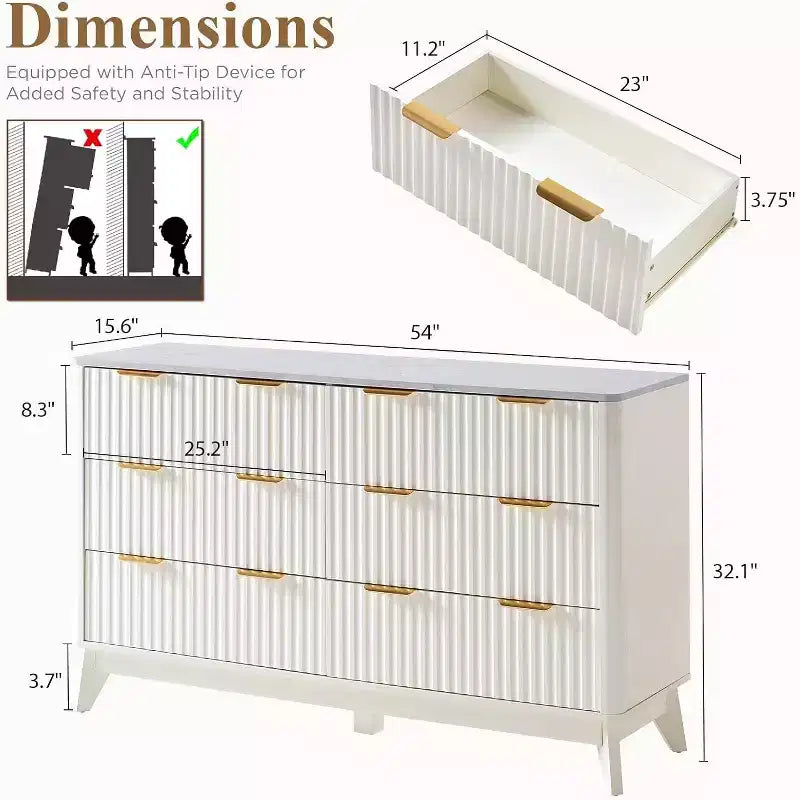 Cassettiera a 6 cassetti scanalati con piano in finto marmo – 54" di larghezza, bianco