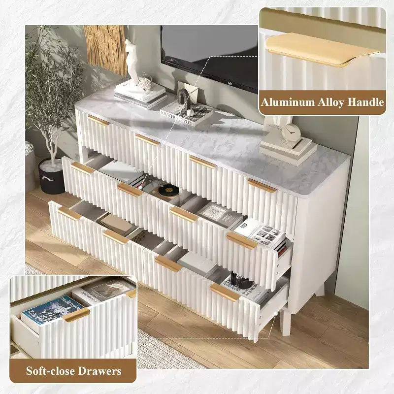 Cassettiera a 6 cassetti scanalati con piano in finto marmo – 54" di larghezza, bianco