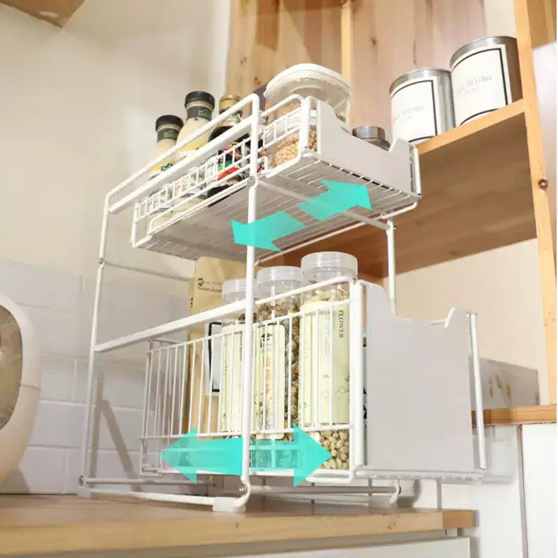 Organizzatore estraibile per armadio, cestelli in filo metallico a 2 livelli con cassetto scorrevole, cestelli in filo metallico scorrevoli in acciaio al carbonio per dispensa da cucina