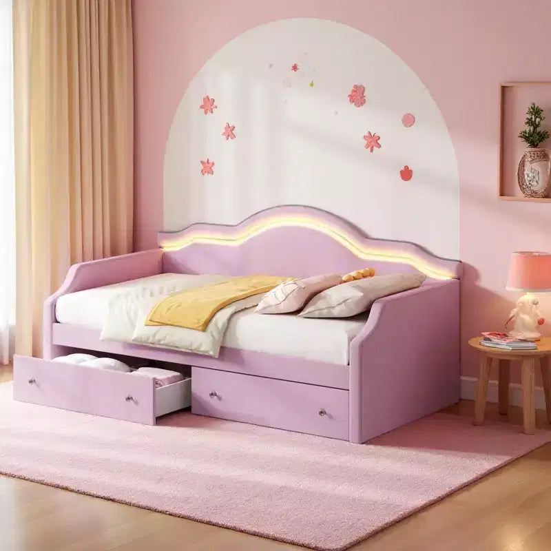 Letto da giorno in velluto per letto singolo/matrimoniale con striscia LED controllata tramite app e 2 cassetti