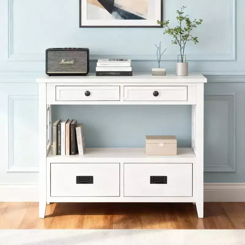 Hostack 36'' Farmhouse Wood Console Table with 4 Drawers and 1 Storage Shelf for Entryway and Living Room , Antique White