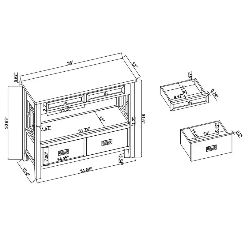 Consolle in legno stile rustico da 36" con 4 cassetti