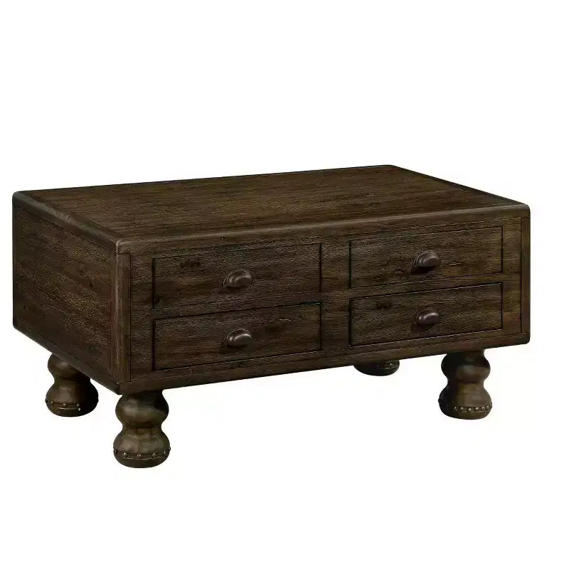 Tavolino da caffè in legno da 40" con 4 cassetti e gambe con decorazione a rivetti