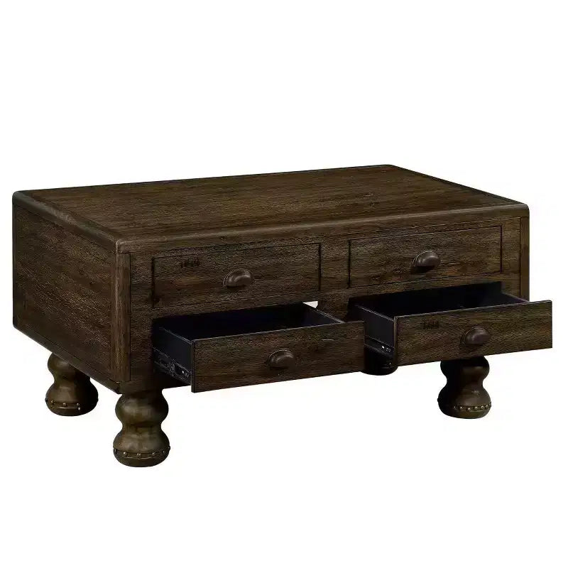 Tavolino da caffè in legno da 40" con 4 cassetti e gambe con decorazione a rivetti