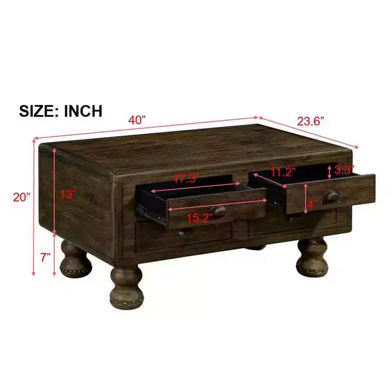 Tavolino da caffè in legno da 40" con 4 cassetti e gambe con decorazione a rivetti