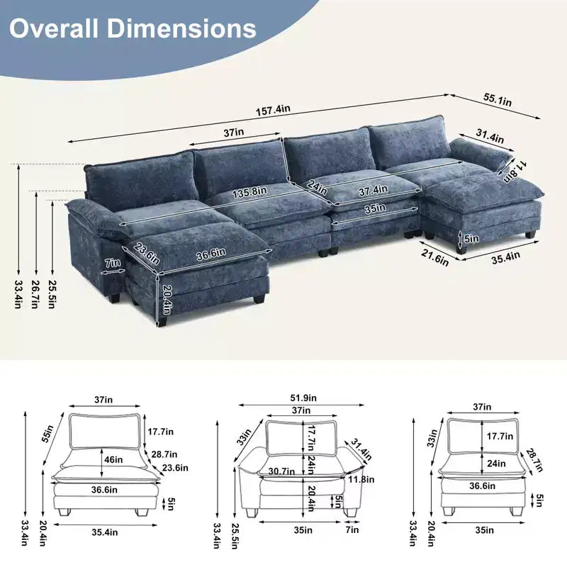 Divano in ciniglia a doppio strato con braccioli e topper da 155" e pouf – Blu