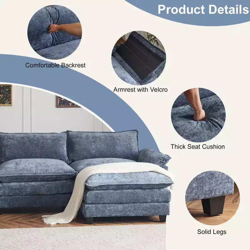 Divano in ciniglia a doppio strato con braccioli e topper da 155" e pouf – Blu