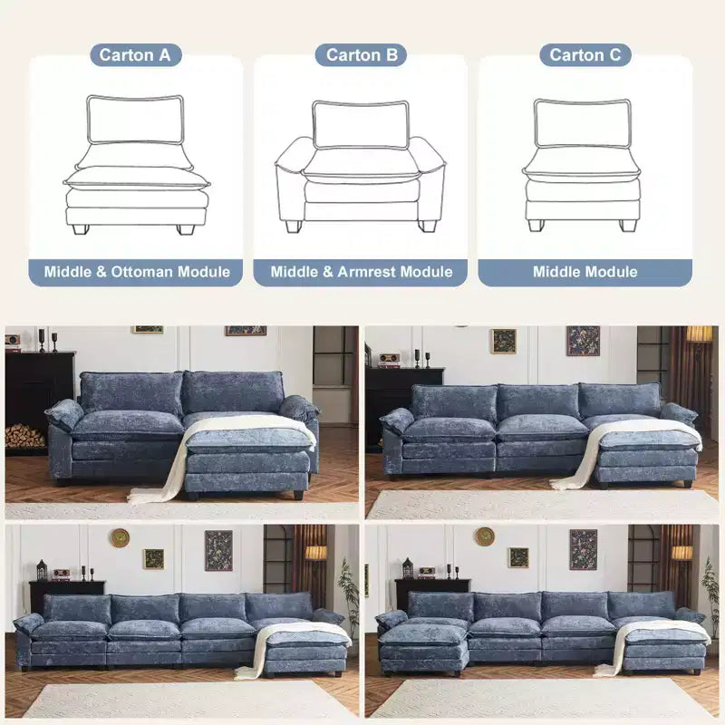 Divano in ciniglia a doppio strato con braccioli e topper da 155" e pouf – Blu