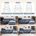 Divano in ciniglia a doppio strato con braccioli e topper da 155" e pouf – Blu