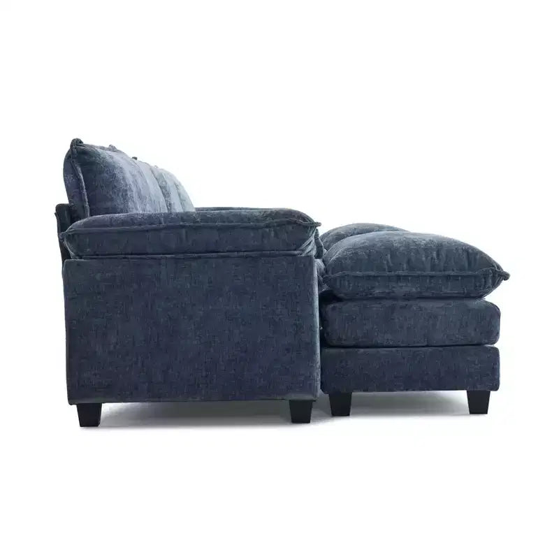 Divano in ciniglia a doppio strato con braccioli e topper da 155" e pouf – Blu