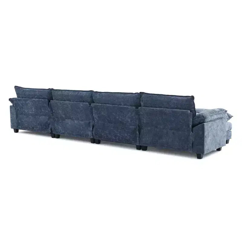 Divano in ciniglia a doppio strato con braccioli e topper da 155" e pouf – Blu
