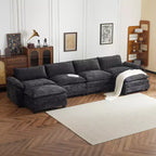 Divano in ciniglia a doppio strato con braccioli e topper da 155" e pouf – Blu