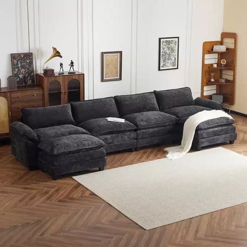 Divano in ciniglia a doppio strato con braccioli e topper da 155" e pouf – Blu