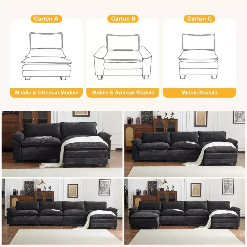 Divano in ciniglia a doppio strato con braccioli e topper da 155" e pouf – Blu