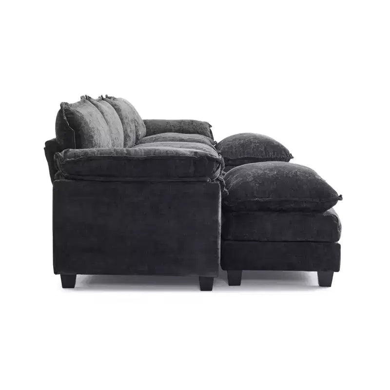 Divano in ciniglia a doppio strato con braccioli e topper da 155" e pouf – Blu