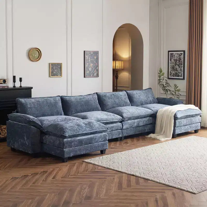 Divano in ciniglia a doppio strato con braccioli e topper da 155" e pouf – Blu