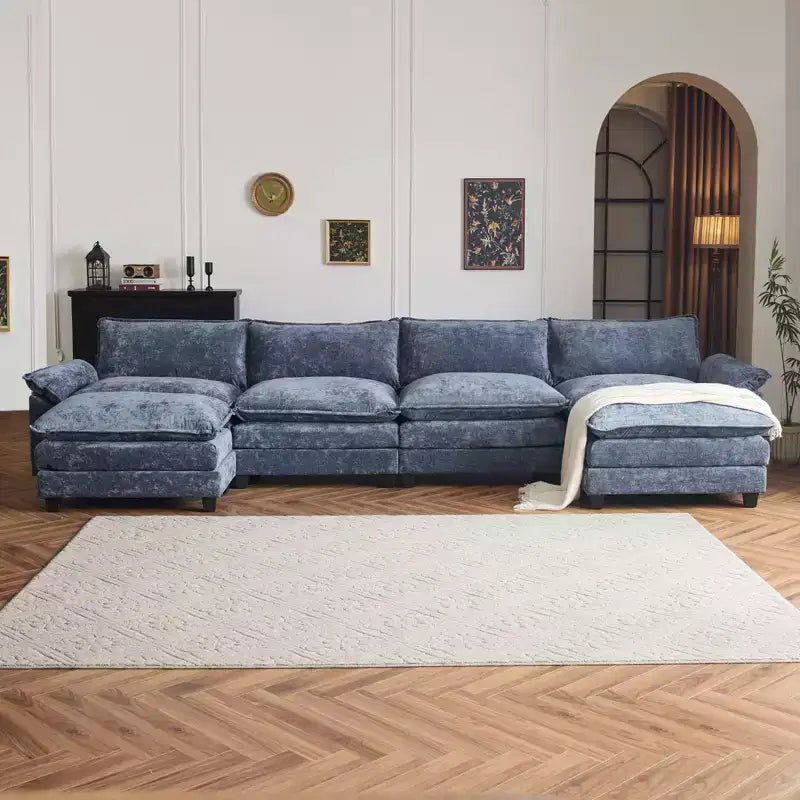 Divano in ciniglia a doppio strato con braccioli e topper da 155" e pouf – Blu