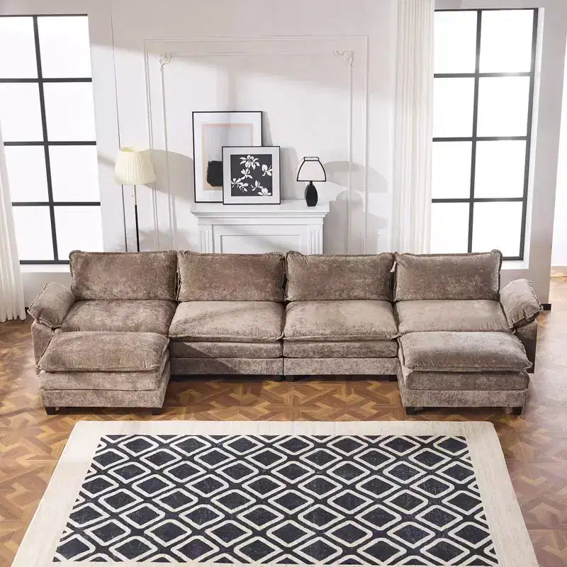 Divano in ciniglia a doppio strato con braccioli e topper da 155" e pouf – Blu