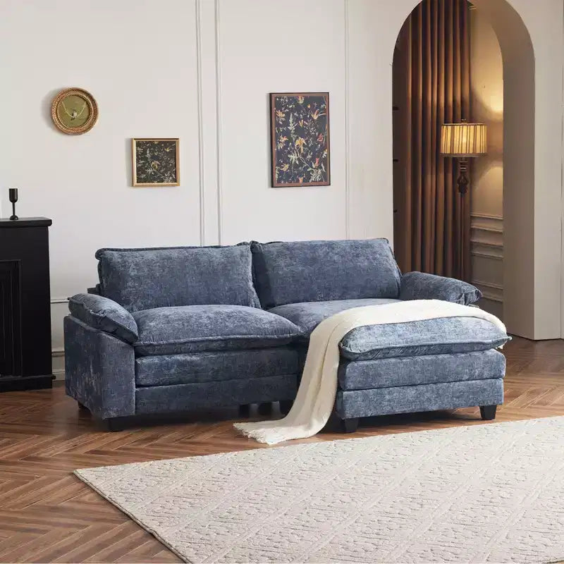 Divano 120" a doppio strato in ciniglia con braccioli Pillow Top e poggiapiedi – Nero