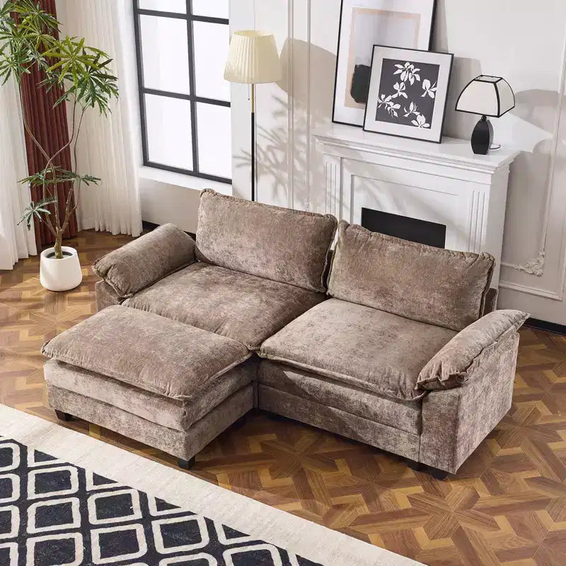 Divano 120" a doppio strato in ciniglia con braccioli Pillow Top e poggiapiedi – Nero