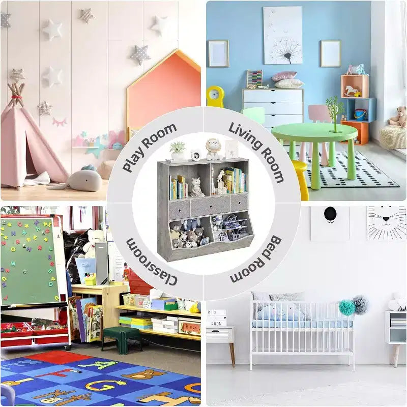 Organizzatore portagiochi a 7 scomparti per bambini con cassetti – Scaffale colorato per la sala giochi dei bambini