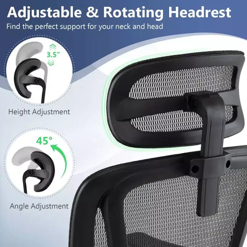 Sedia da Ufficio Ergonomica con Poggiatesta Girevole e Supporto Lombare Regolabile – Rete, 150 kg
