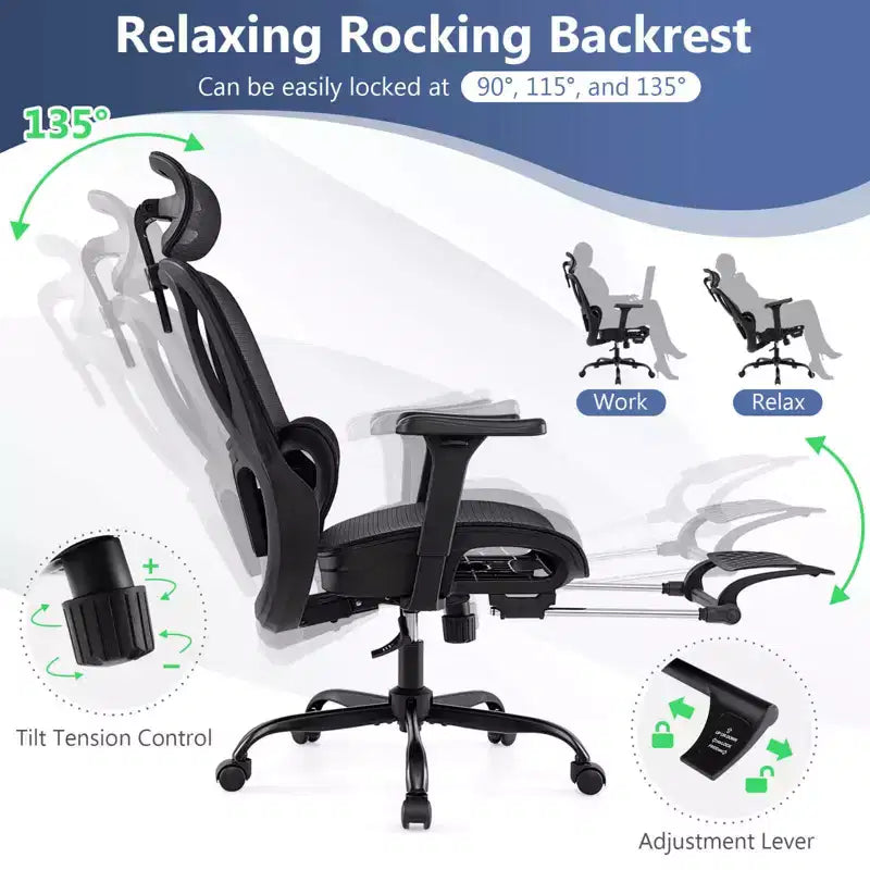 Sedia da Ufficio Ergonomica con Poggiatesta Girevole e Supporto Lombare Regolabile – Rete, 150 kg