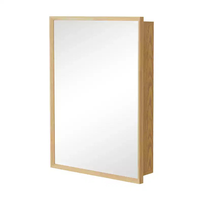 Armadietto da bagno con specchio e ripiani regolabili in legno di quercia, Mobiletto contenitore da parete con specchio per bagno