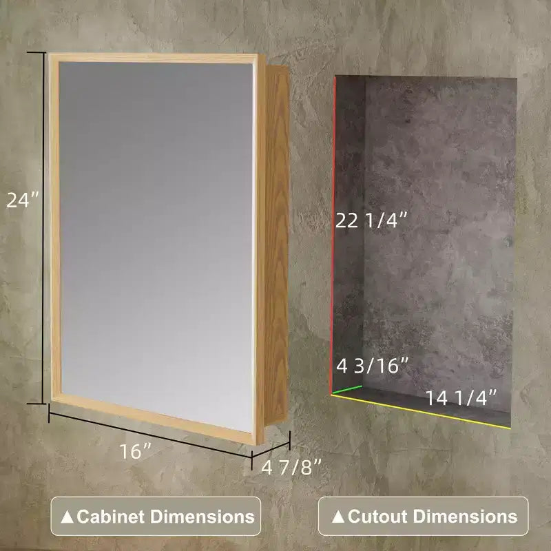 Armadietto da bagno con specchio e ripiani regolabili in legno di quercia, Mobiletto contenitore da parete con specchio per bagno