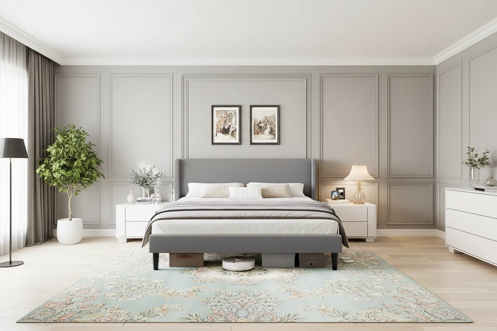 Coolmee Upholstered Full/Queen/King Bed Frame with Wingback Headboard, Velvet Upholstery Platform Bed, No Box Spring Needed, Wood Slats Support