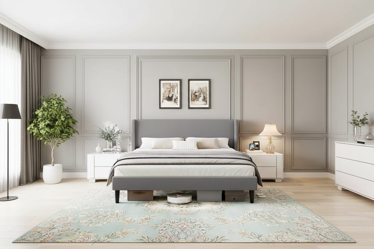 Coolmee Upholstered Full/Queen/King Bed Frame with Wingback Headboard, Velvet Upholstery Platform Bed, No Box Spring Needed, Wood Slats Support