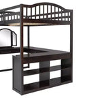 Letto a soppalco matrimoniale in legno con scrivania integrata a U, specchiera e mensole portaoggetti
