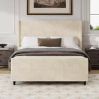 Struttura letto a piattaforma imbottita in velluto a coste con testiera ad ali – Crema, Misura Queen